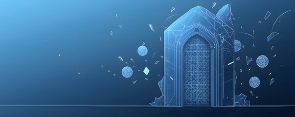 Wall Mural - a blue architectural structure stands amidst floating geometric shapes