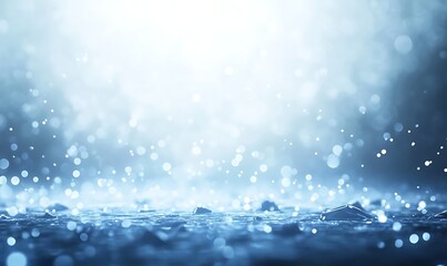 Poster - Gentle rain creates a serene, sparkling blue atmosphere with light reflections on a wet surface.
