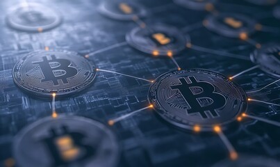 Poster - Abstract digital representation of cryptocurrency connectivity with Bitcoin symbols and circuit patterns.