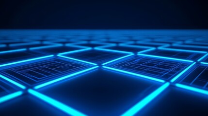 Wall Mural - futuristic blue grid pattern with neon glow on dark background