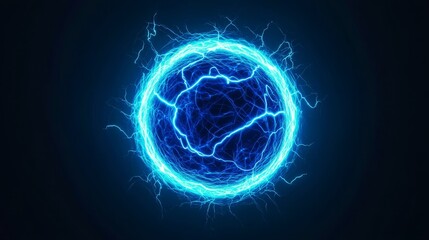 Wall Mural - blue energy sphere with electric lightning effects on dark background