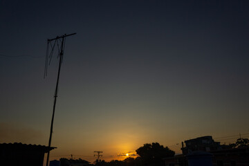 Wall Mural - sunset in the evening sky with silhouette of tree and electric pole