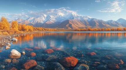 Canvas Print - Autumn Lake Reflecting Snowy Mountains