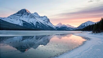 Wall Mural - A serene mountain landscape at sunset, featuring snow-capped peaks reflecting in a calm lake surrounded by icy shores.