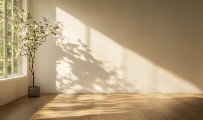 Fototapete - A bright, minimalistic interior with a potted plant casting shadows on the wall.