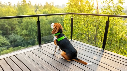 Poster - Beagle dog on balcony watching sunset over forest