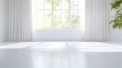 Poster - Bright, airy room with large windows, white curtains, and a touch of greenery for a fresh ambiance.