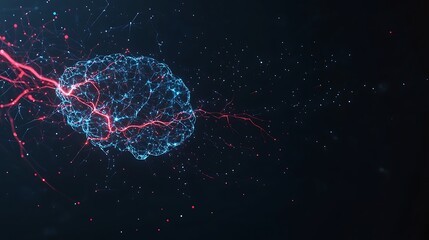 Poster - Digital illustration of a glowing brain with electric pulses against a dark background.