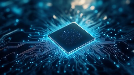 Fototapete - Futuristic microchip surrounded by glowing circuits and digital patterns.