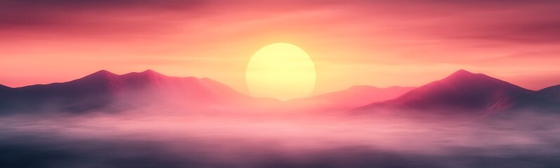 Aufkleber - Vibrant sunset over misty mountains creating a serene landscape atmosphere.