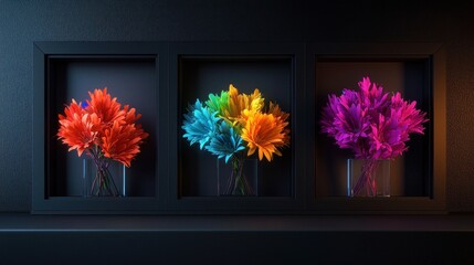 Wall Mural - vibrant display of colorful artificial flowers in three frames against a dark background