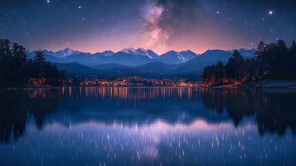 Mountain Lake at Night, Milky Way Reflection