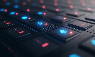 Poster - Futuristic keyboard with illuminated keys in blue and red tones, showcasing technology and design.