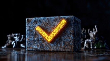 Wall Mural - a weathered metallic box with a glowing checkmark symbol, surrounded by miniature figures in a dark 