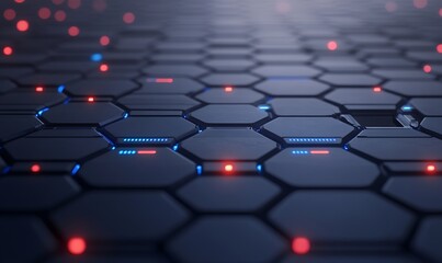 Poster - Futuristic hexagonal pattern illuminated by blue and red lights on a dark background.