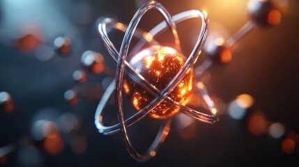 Wall Mural - glowing atom model with orbiting electrons, showcasing atomic structure in a vibrant, dark backgroun