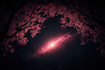 Wall Mural - A red star is shooting through the sky above a tree