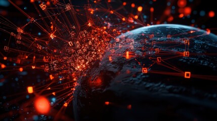 Wall Mural - stunning visual of earth surrounded by a network of glowing red data connections and particles
