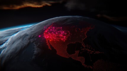 Wall Mural - Aerial view of North America illuminated by digital connections against a dark, atmospheric backdrop