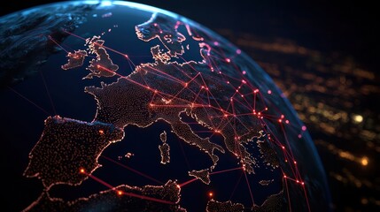 Wall Mural - abstract representation of europe with glowing network connections over a dark background