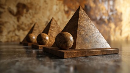 Wall Mural - three textured pyramids and spheres arranged on a reflective surface against a warm, abstract backgr