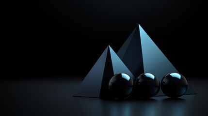 Wall Mural - abstract composition featuring three reflective spheres positioned in front of two pyramids on a dar