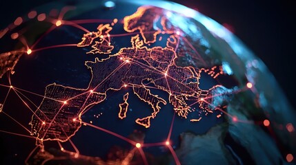 Wall Mural - a detailed view of europe illuminated by network connections against a dark background