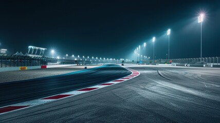 Wall Mural - a serene view of a formula 1 track under bright floodlights at night. the empty circuit showcases sl