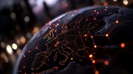 Wall Mural - detailed view of a digital globe highlighting europe with glowing network connections at night
