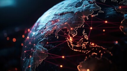 Wall Mural - a close-up view of earth showcasing illuminated cities and network connections at night