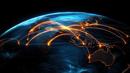 Wall Mural - global connectivity illustrated through vibrant network lines across a digital earth at night
