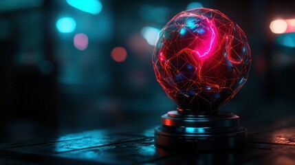 Wall Mural - a glowing red and blue orb with a network design on a metallic base in a dimly lit futuristic settin