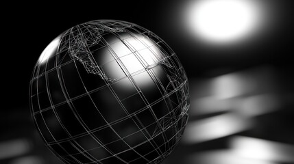 Wall Mural - 3d wireframe globe on a dark background with soft light reflections and depth effects