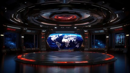 Poster - futuristic control room with a world map display, illuminated by red accents and space visuals