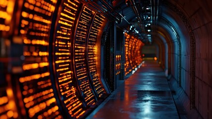 Poster - futuristic corridor with glowing orange lights and metallic walls, showcasing advanced technology
