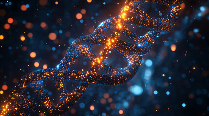 A futuristic spinning DNA strand surrounded by genetic codes and abstract geometric shapes, symbolizing advanced biotechnology, genetic research, and the future of human evolution