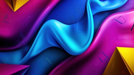 Poster - vibrant abstract fabric waves in blue and pink hues with geometric shapes creating depth