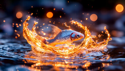 Wall Mural - fish leaping, water splash, night lights, nature, website banner