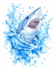 Wall Mural - great white shark leaping, ocean splash, aquatic wildlife, nature illustration