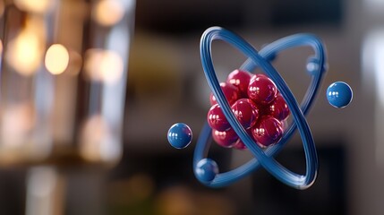 Wall Mural - 3d representation of an atom with colorful electrons orbiting, set against a blurred laboratory back