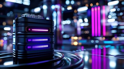 Wall Mural - futuristic server in a neon-lit data center with colorful lights and reflections