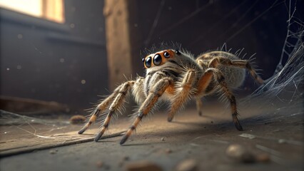 Wall Mural - close-up of a jumping spider: a detailed depiction of a vibrant jumping spider in its natural habita