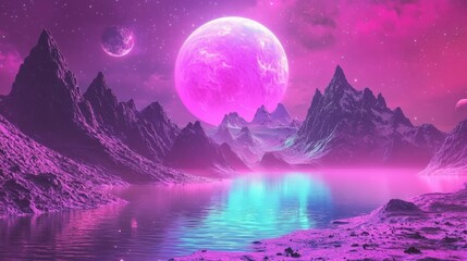 Wall Mural - Experience the allure of a dreamlike, neon-lit space landscape.