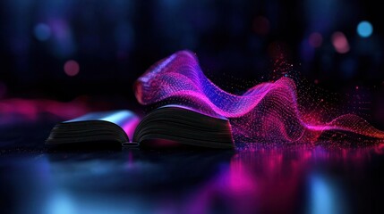 Wall Mural - open book with colorful light waves swirling around in a dark, mystical setting