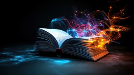 Wall Mural - an open book emits vibrant magical energy, illuminating a dark space with colorful swirls