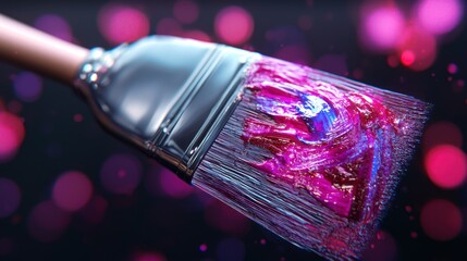 Wall Mural - close-up of a paintbrush with vibrant paint against a colorful bokeh background