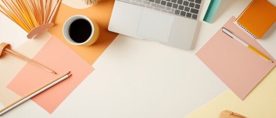 Fototapete - Mid-Century Modern Office Space Organized Minimalist Desktop with Laptop and Coffee for Enhanced Business Productivity and Stress Management - Contemporary Work Environment Design