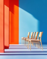 Poster - Mid-Century Modern Seating Natural Wood Chairs in Vibrant Artistic Setting - Commercial Interior Design and Contemporary Workspaces for Creative Professionals