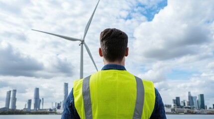 Wall Mural - A man in a high-visibility vest stands before a wind turbine, overlooking a city skyline under a cloudy sky, symbolizing renewable energy and sustainability.