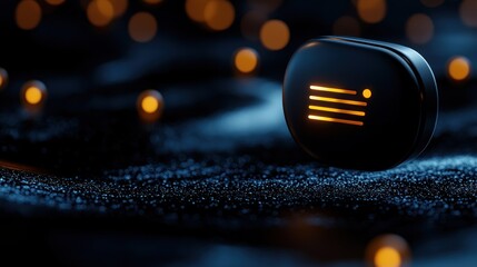 Wall Mural - close-up of a sleek black object with glowing lines, surrounded by soft glowing orbs on dark backgro